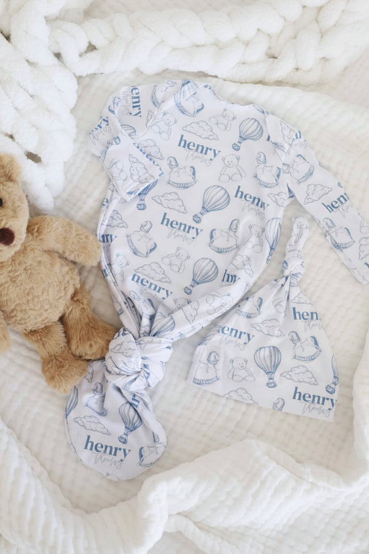 Up In The Clouds Personalized Newborn Baby Knot Gown