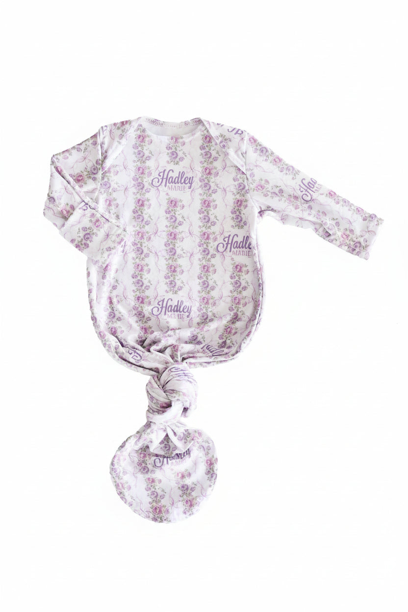 Violet Vines Personalized Newborn Baby Knot Gown