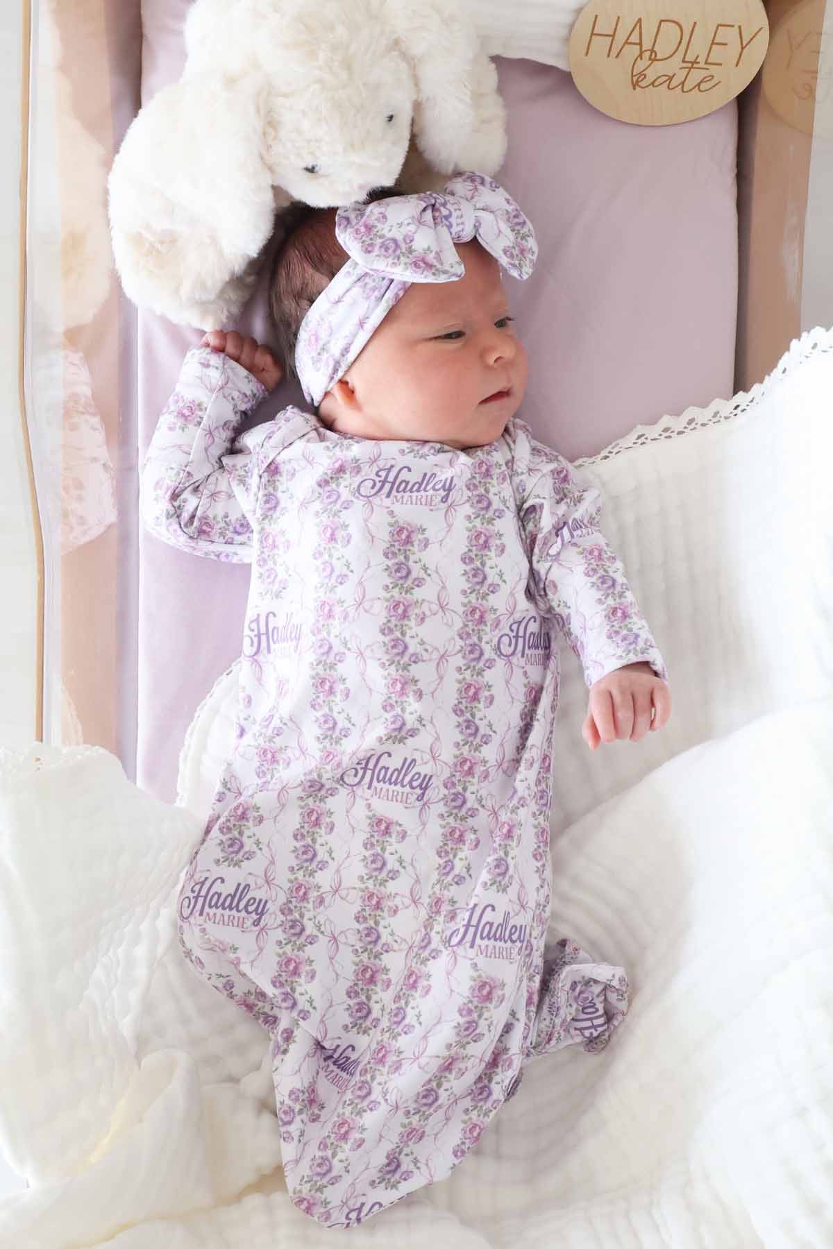 Violet Vines Personalized Newborn Baby Knot Gown