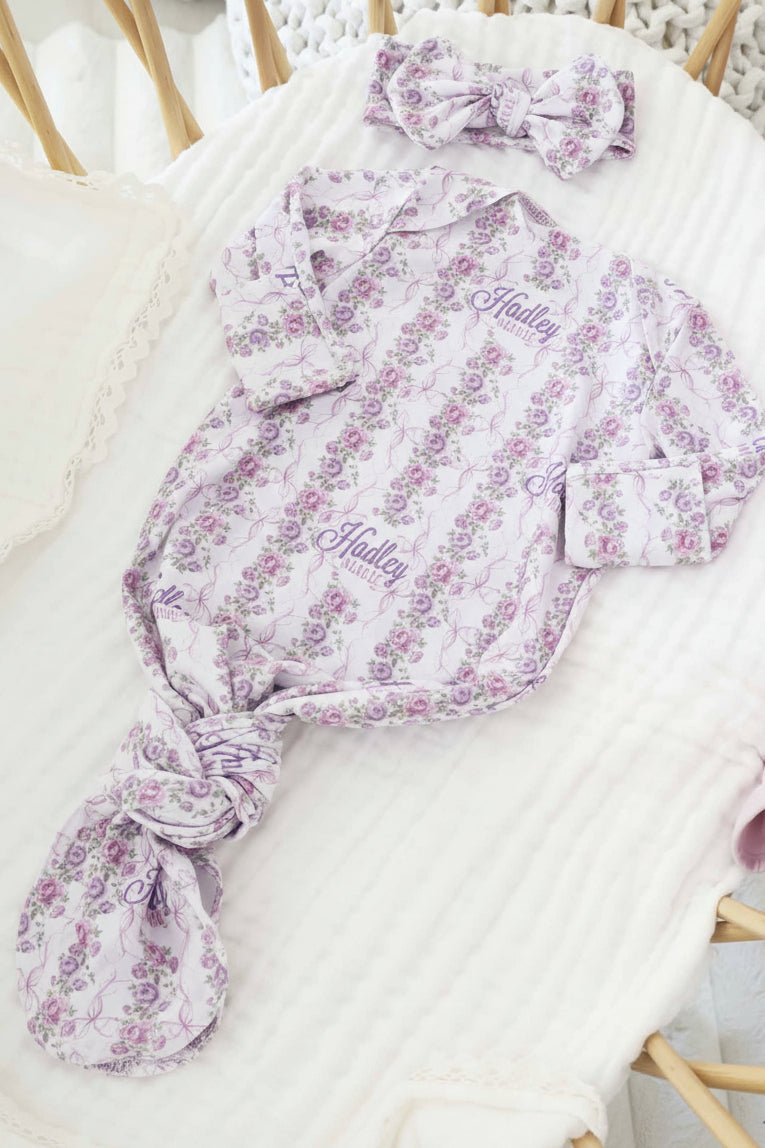 Violet Vines Personalized Newborn Baby Knot Gown