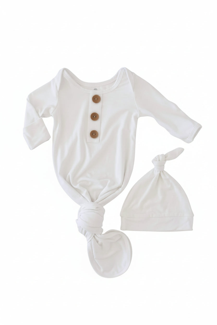 Solid White Bamboo Baby Knot Gown & Hat