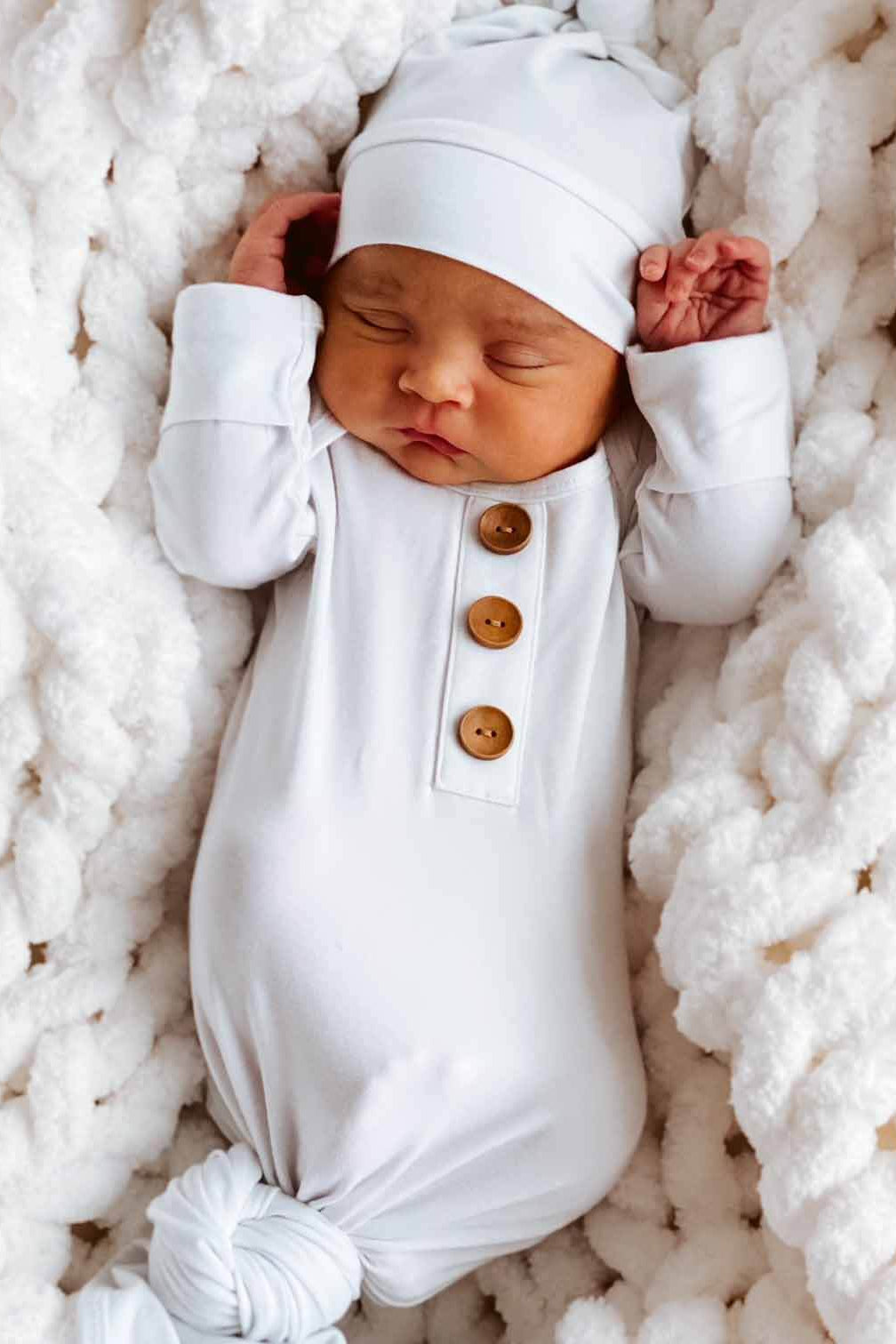 Solid White Bamboo Baby Knot Gown & Hat