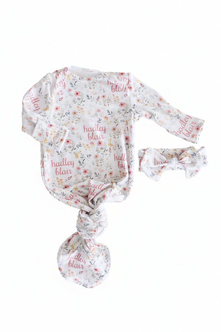 Winnie's Wildflower Personalized Newborn Baby Knot Gown